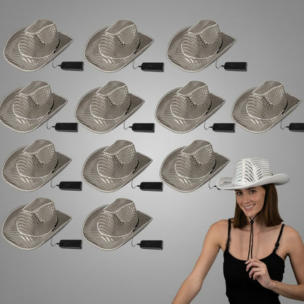 LED Flashing EL Wire Sequin White Cowboy Party Hat - Pack of 12 Hats