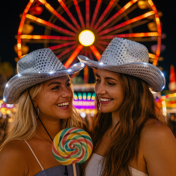 LED Light Up Flashing White Cowboy Hats With Sequins - Pack of 2