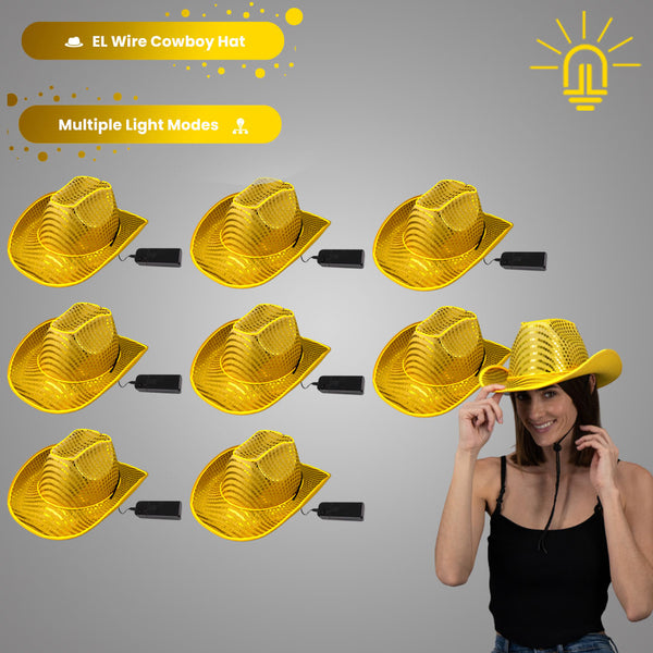 LED Flashing Gold EL Wire Sequin Cowboy Party Hat - Pack of 18