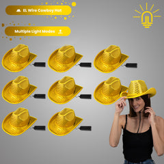 LED Flashing Gold EL Wire Sequin Cowboy Party Hat - Pack of 18 Hats