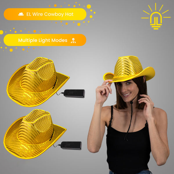 LED Flashing Gold EL Wire Sequin Cowboy Party Hat - Pack of 2 Hats