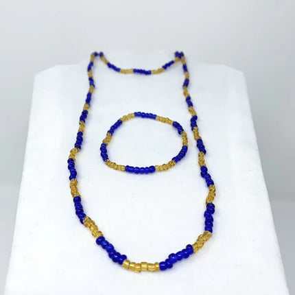 Yellow And Blue Glass Bead 27 Inches Necklace & Bracelet Set