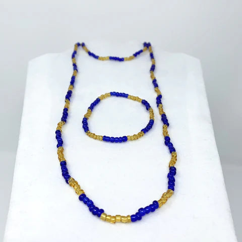 Yellow And Blue Glass Bead 27 Inches Necklace & Bracelet Set