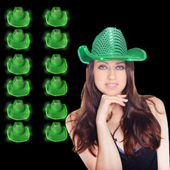 LED Light Up Flashing Sequin Cowboy Hats Green - 12 Hats