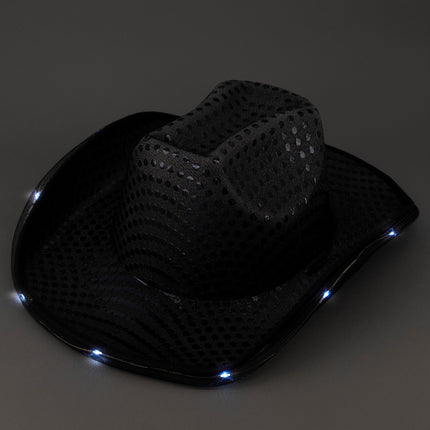 LED Light Up Flashing Sequin Black Cowboy Hat - Pack of 12 Hats