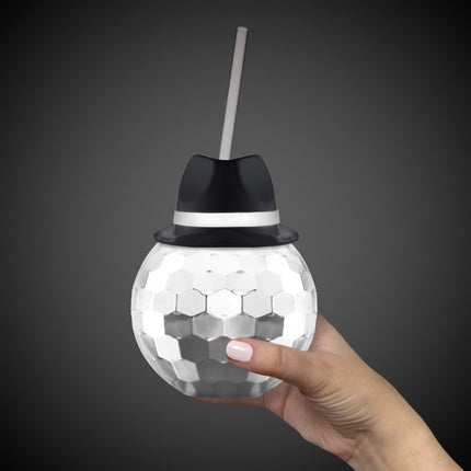 Black Fedora Hat Silver Disco Ball Cup with Straw
