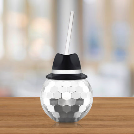 Black Fedora Hat Silver Disco Ball Cup with Straw
