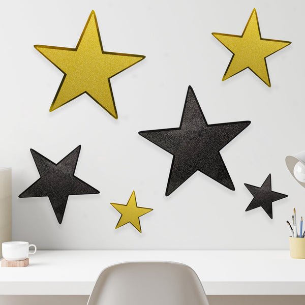 Black & Gold Glitter Star Cutouts - 6 Per Pack
