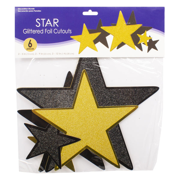 Black & Gold Glitter Star Cutouts - 6 Per Pack
