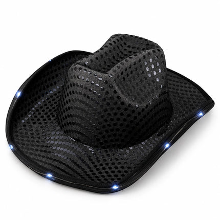 Black sequin LED cowboy hat shown individually; sold in a pack of 36.
