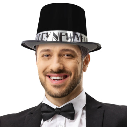 Black & Silver Happy New Year Top Hats - 12 Per Pack