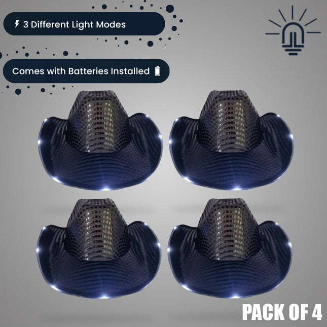 LED Light Up Flashing Sequin Black Cowboy Hat - Pack of 4 Hats