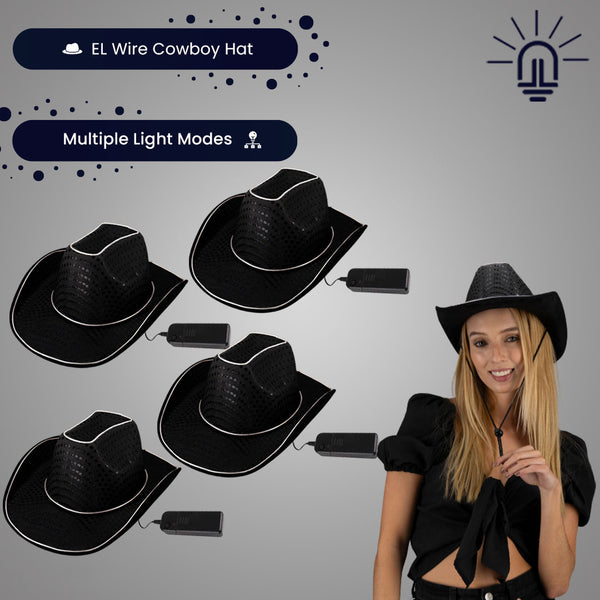 LED Flashing Black EL Wire Sequin Cowboy Party Hat - Pack of 4 Hats