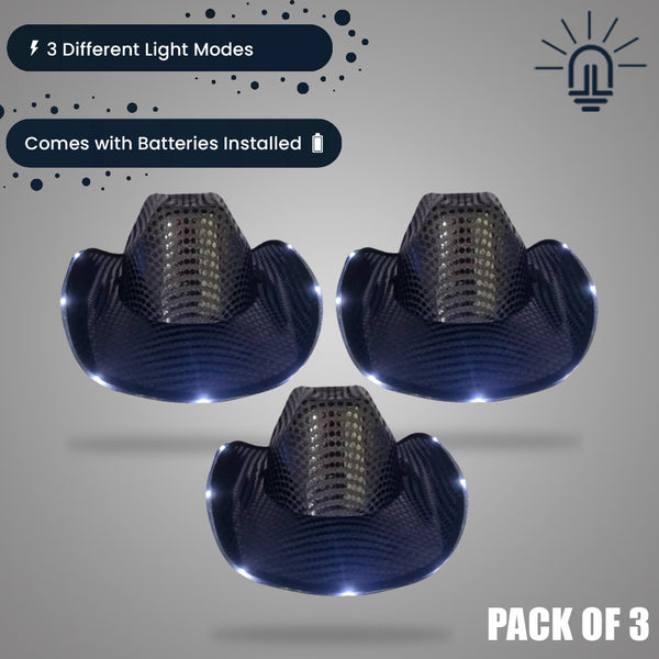 LED Light Up Flashing Sequin Black Cowboy Hat - Pack of 3 Hats