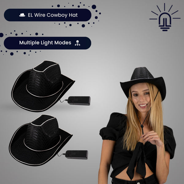 LED Flashing EL Wire Black Sequin Cowboy Party Hat - Pack of 2