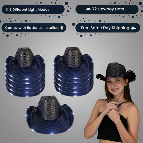 LED Light Up Flashing Sequin Black Cowboy Hat - Pack of 72 Hats