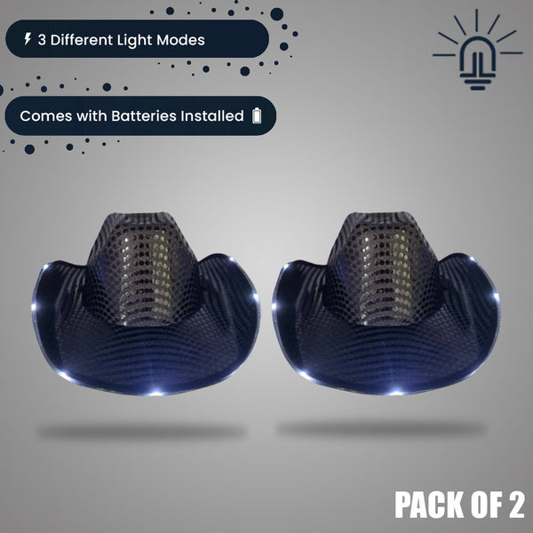 LED Light Up Flashing Black Cowboy Hats With Sequins - Pack of 2