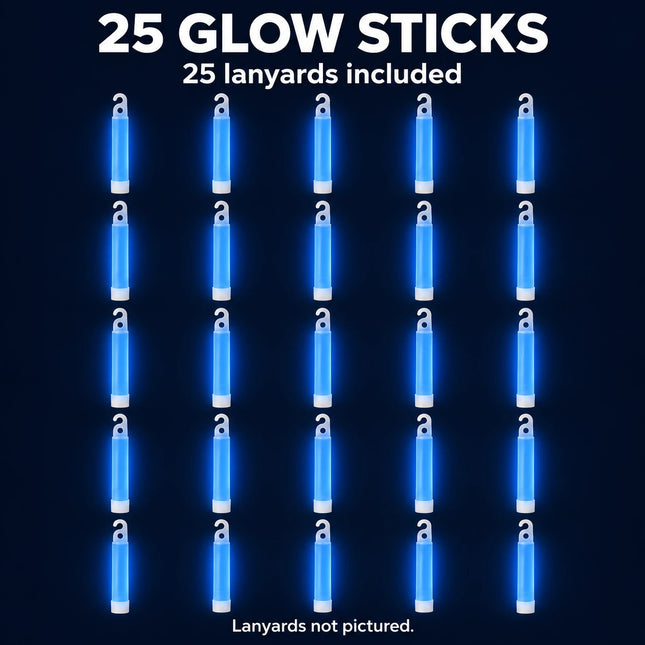 Pack contents illustration with 25 blue glow sticks; 25 lanyards included but not pictured.