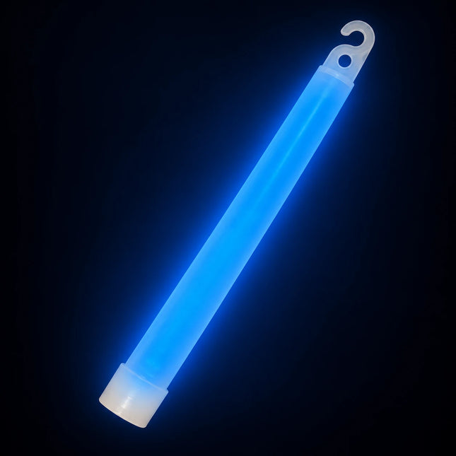 Single activated blue glow stick with an open hook and pale bottom cap.