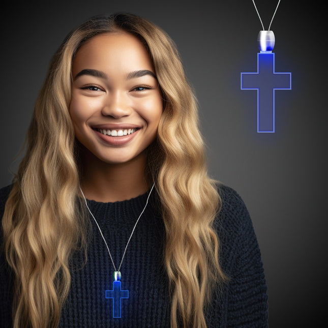 Blue LED Light Up Cross Pendant Necklaces - 12 Per Pack