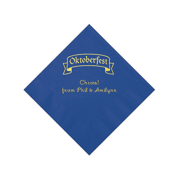 Blue Personalized Oktoberfest Beverage Napkins With Gold Foil - 50 Per Pack