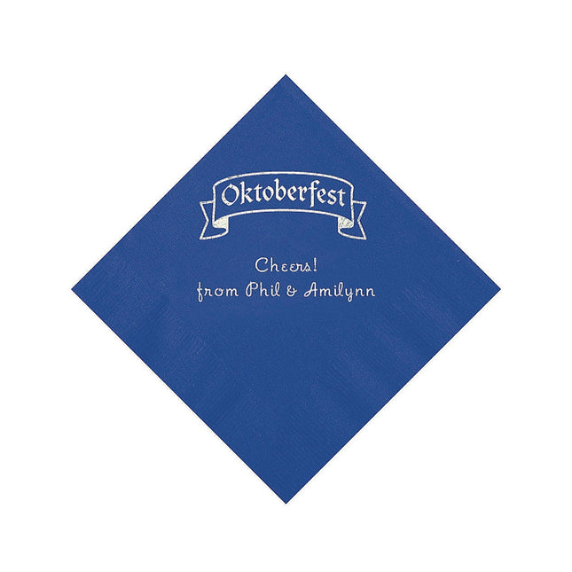 Blue Personalized Oktoberfest Beverage Napkins With Silver Foil - 50 Per Pack