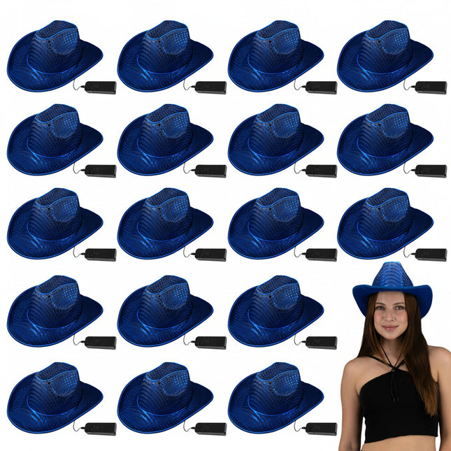LED Flashing EL Wire Blue Sequin Cowboy Party Hat - Pack of 18 Hats