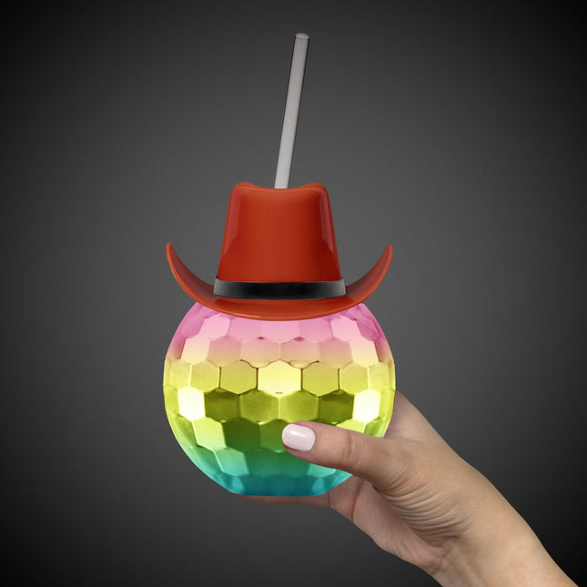 Brown Cowboy Hat Rainbow Disco Ball Cup with Straw
