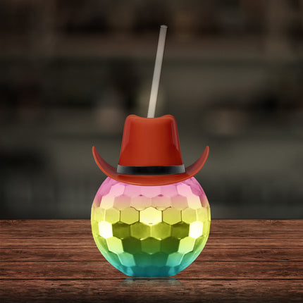 Brown Cowboy Hat Rainbow Disco Ball Cup with Straw
