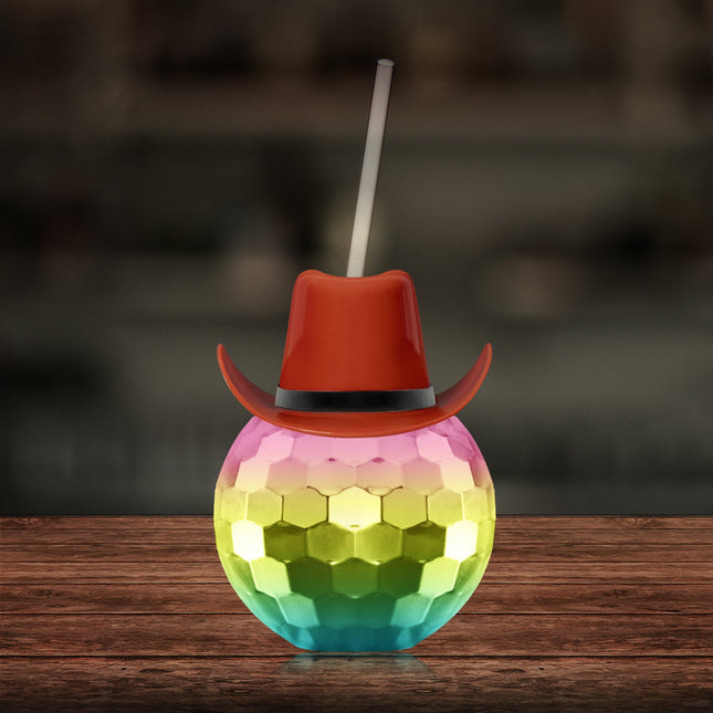 Brown Cowboy Hat Rainbow Disco Ball Cup with Straw
