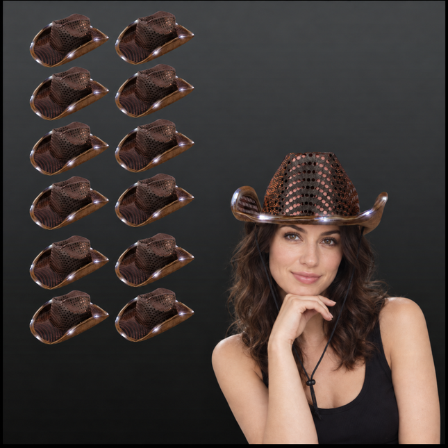 Brown sequin cowboy hats with a model wearing the hat