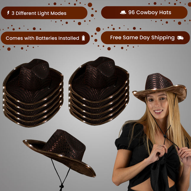 LED Light Up Flashing Sequin Brown Cowboy Hat - Pack of 96 Hats