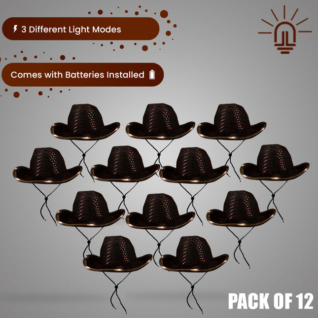 LED Light Up Flashing Sequin Brown Cowboy Hat - Pack of 12 Hats