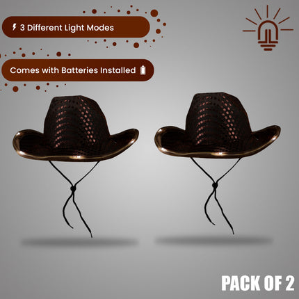 LED Light Up Flashing Sequin Brown Cowboy Hat - Pack of 2 Hats