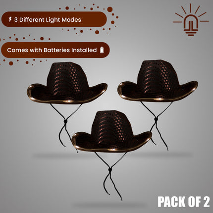 LED Light Up Flashing Sequin Brown Cowboy Hat - Pack of 3 Hats