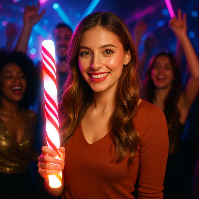 Candy cane foam stick in a model's hand 