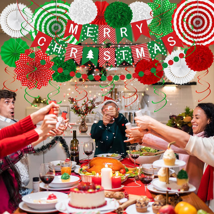 Christmas Banner, Garland, Paper Fans & Hanging Swirls Set