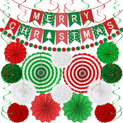 Christmas Banner, Garland, Paper Fans & Hanging Swirls Set