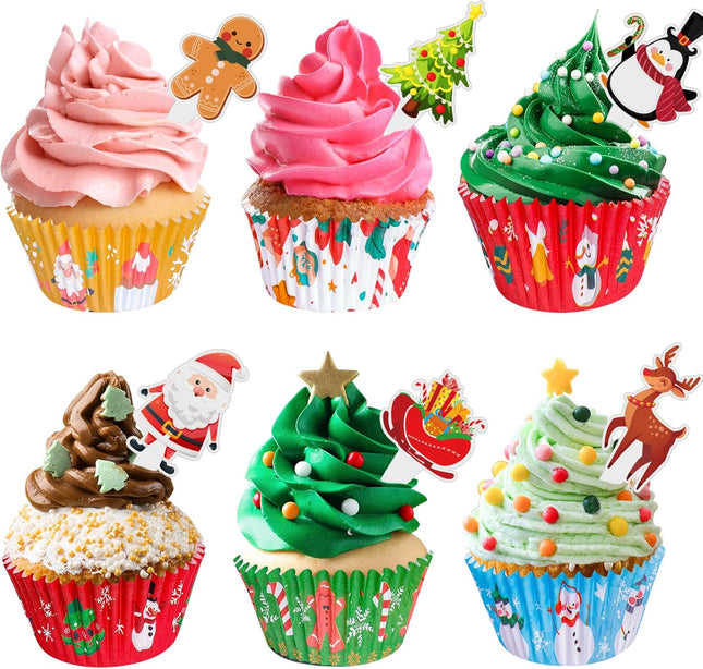 Christmas Cupcake Liners With Toppers - Assorted 150 Per Pack