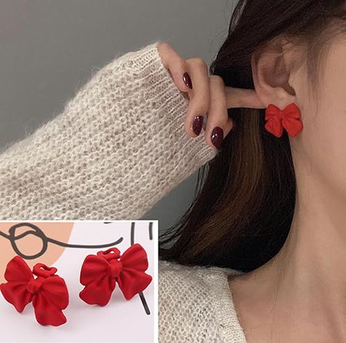 Christmas Red Bow Tie Clip On Earrings For Women