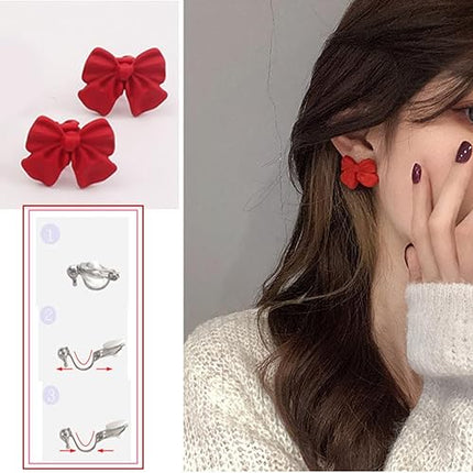 Christmas Red Bow Tie Clip On Earrings For Women