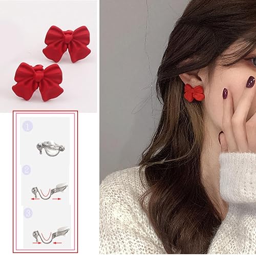 Christmas Red Bow Tie Clip On Earrings For Women