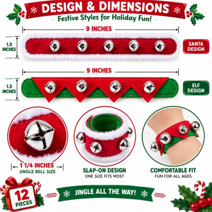Christmas Slap Bracelet with Jingle Bells - Pack of 12