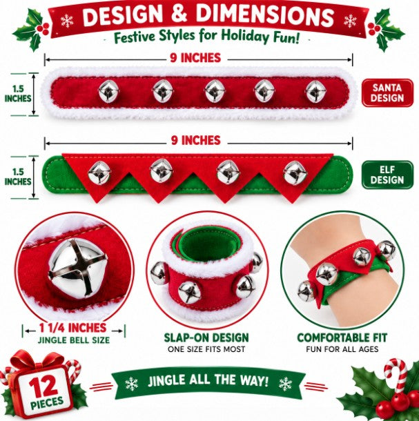Christmas Slap Bracelet with Jingle Bells - Pack of 12
