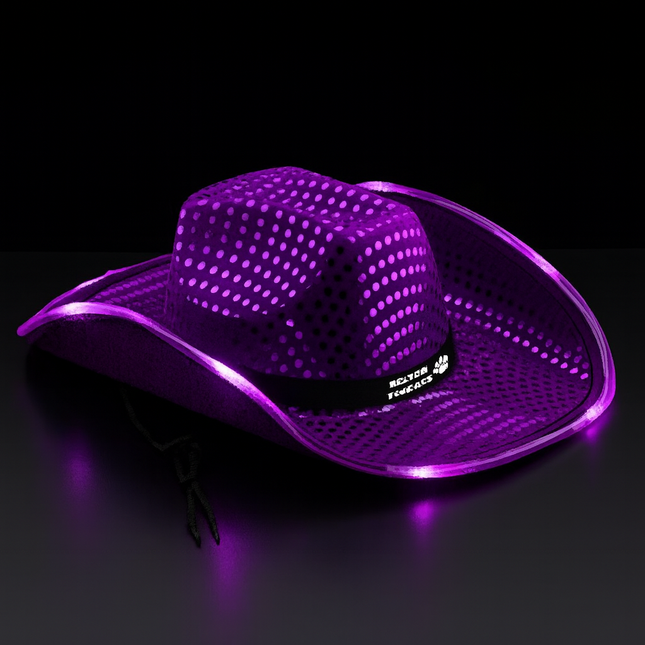 Personalized LED Light Up Flashing Purple Sequin Cowboy Hat - Pack of 20 Custom Hats