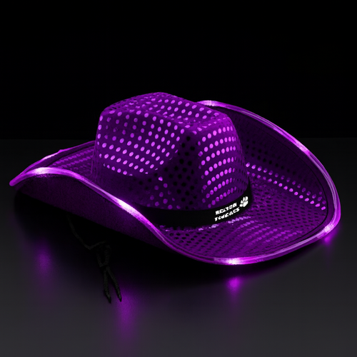 Personalized LED Light Up Flashing Purple Sequin Cowboy Hat - Pack of 20 Custom Hats