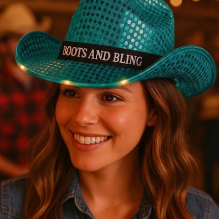 Personalized LED Light Up Flashing Teal Sequin Cowboy Hat - Pack of 20 Custom Hats