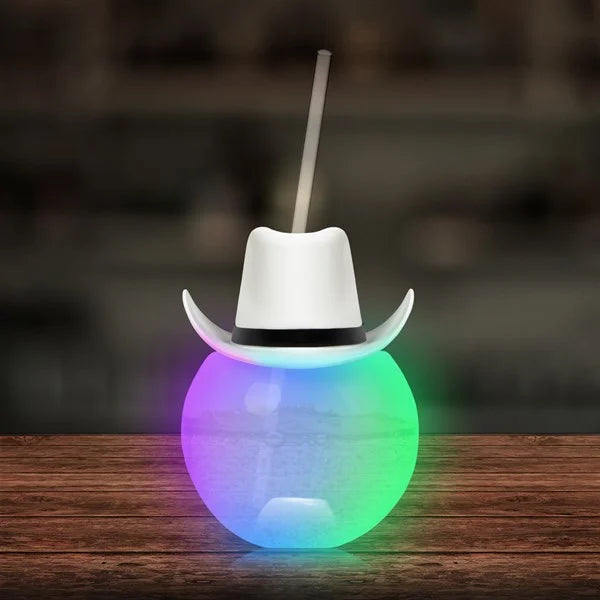 LED White Cowboy Hat Ball Cup with Straw