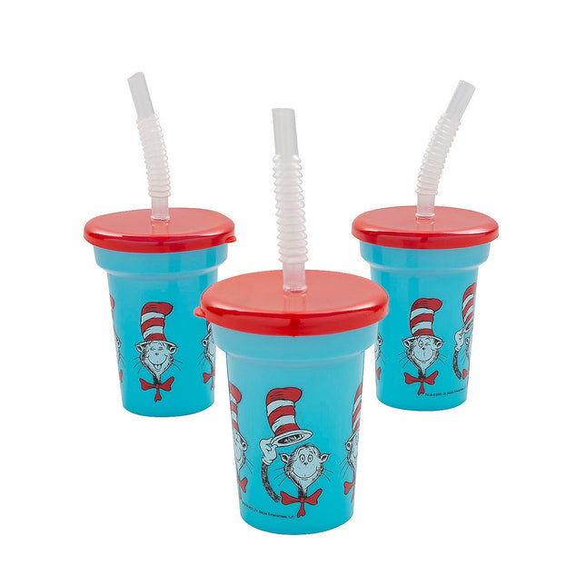 Fun Mini Whimsical Striped Christmas Hat The Cat in the Hat Cups with Lids & Straws - 12 Per Pack