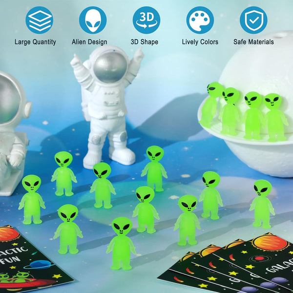 Glow In The Dark Mini Alien Figures With Card - 30 Figurines & 30 Cards Per Pack